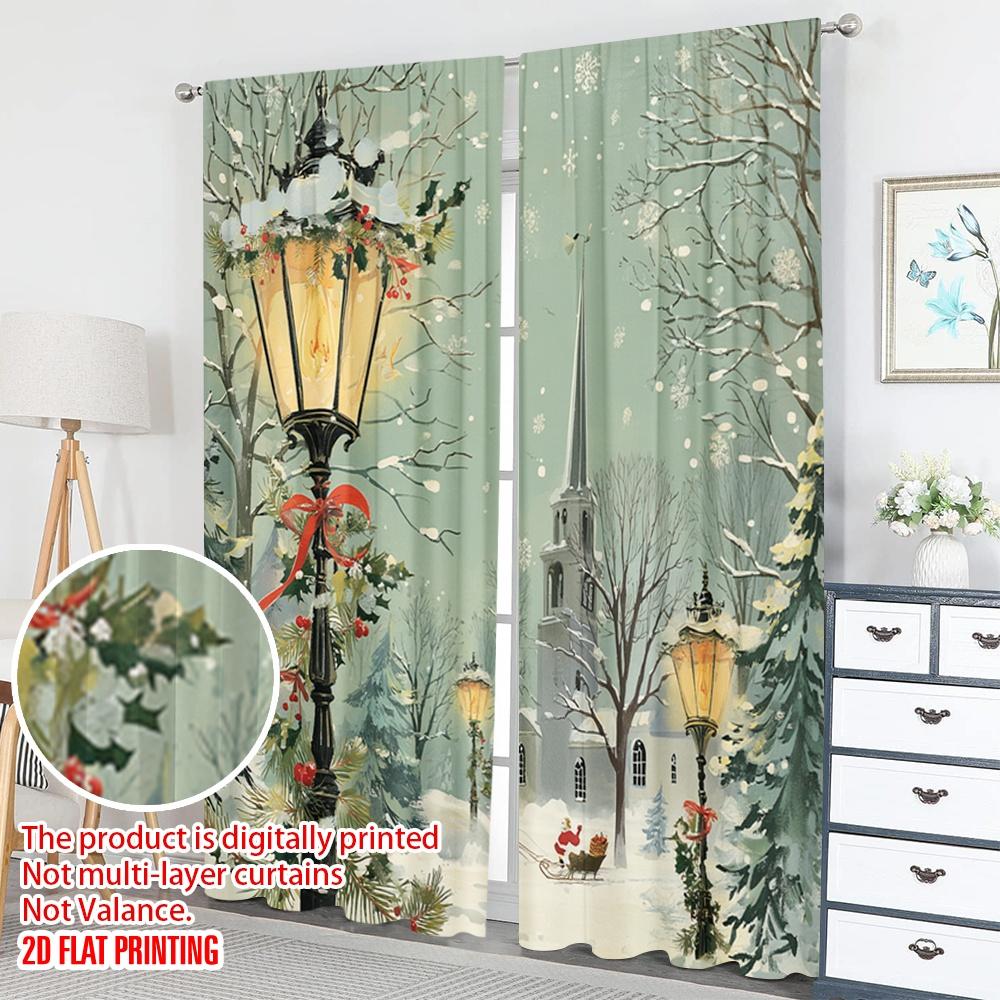 2pcs 2D flat printing Fashionable Christmas Curtains Christmas Snowy Church Street Lamp Digital Printed Polyester Drapes Festive