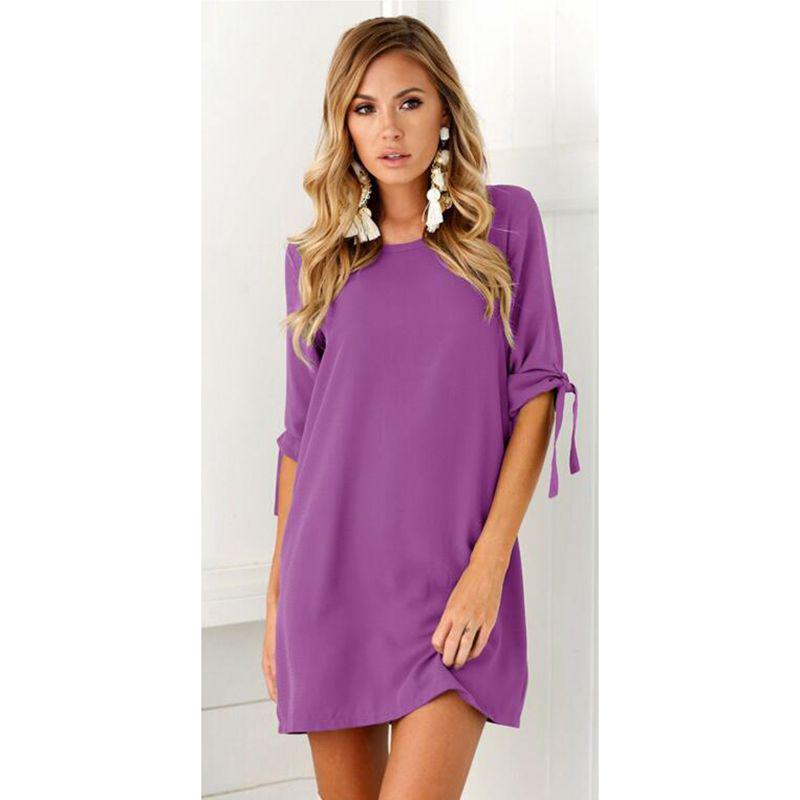 Stijlvolle Damesmode Jurk met Korte Mouwen en Ronde Hals in Effen Kleur voor Zomerse Gelegenheden