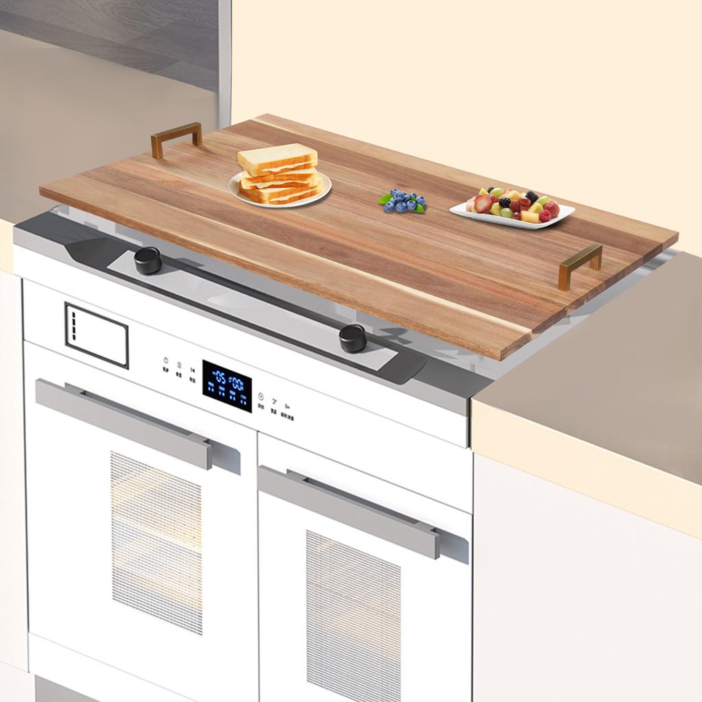 Acacia Wood Stove Top Cover W/ Gold Handles, Modern Rectangular Kitchen Countertop Protector - Max Load 20kg/44lbs, 29x21x0.5 In