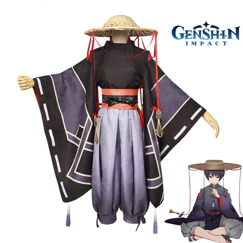 Original Genshin Impact Black Main Cosplay Costume Set Polyester Fabric Game Theme Characters)