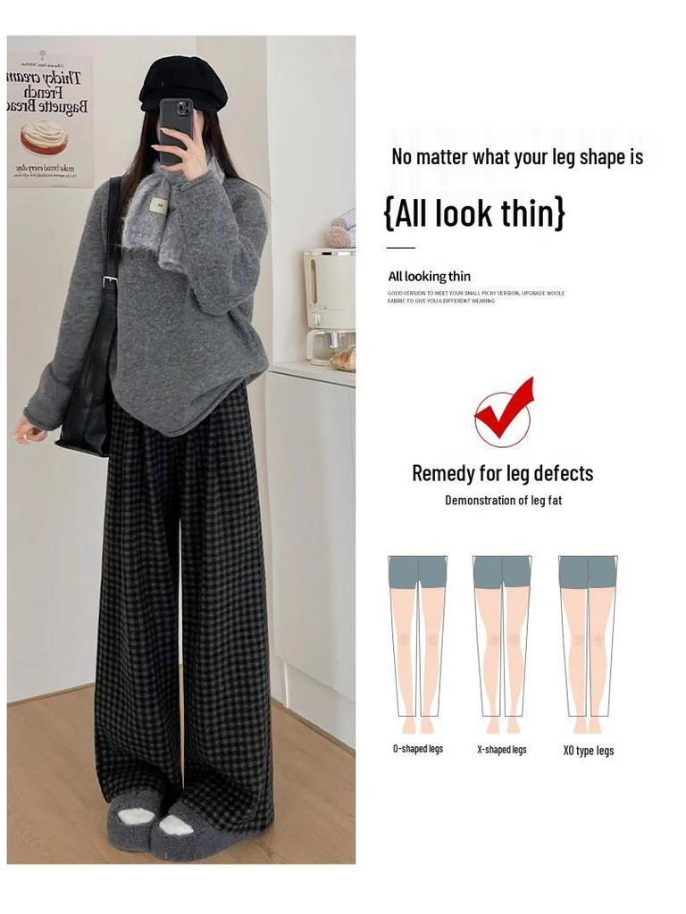 High-Waisted Fleece-Lined Plaid Wide-Leg Pants for Women, 150 Petite, Slimming Casual Autumn/Winter Wear
