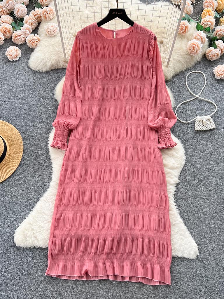 Podzimní Vintage Dámské Řasené Volné Midi Šaty Elegantní Kulatý Výstřih Bufované Dlouhé Rukávy Župan Ležérní Šaty Nové