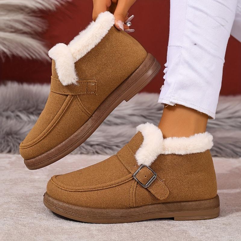 Women's Winter Boots - Slip-On Warm Shoes with Cushioned Insole, Brown & Fluffy Interior Lining - Non-Slip PVC Outsole for Cold Weather