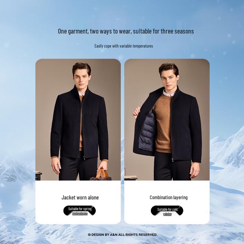 Antonio Men's Stand Collar Wool Blend Coat with Detachable 90% Goose Down Liner