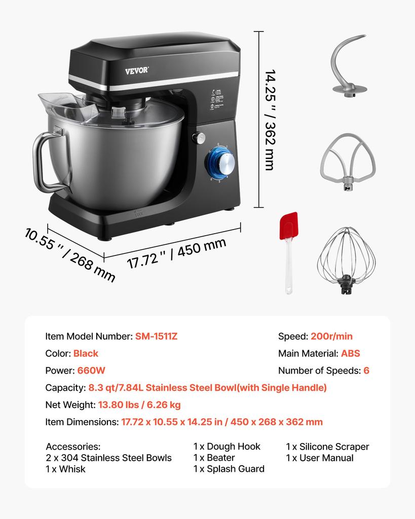 VEVOR Stand Mixer, 8.3QT Dough Mixer, 1400W 6+P Speeds Tilt-head Food Mixer with Stainless Steel Bowl, Dough Hook, Wire Whip, Flat Beater, Scraper
