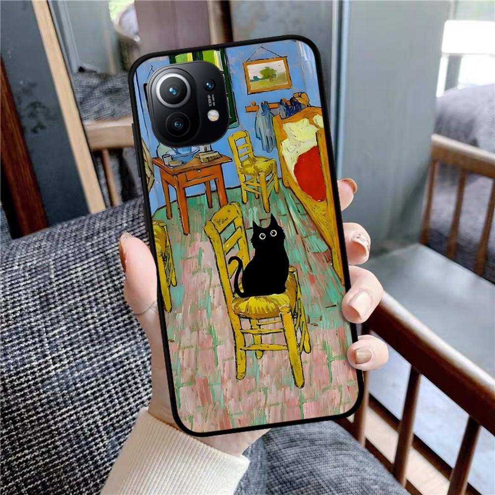 Cartoon Animal Black Cat Oil Painting Phone Case For Xiaomi Mi 5X 8 9 10 11 12 Lite Pro 10T PocoX3pro PocoM3 Note 10 Pro Lite
