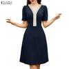 ZANZEA Women Splice V-Neck Summer Casual Short Sleeve Dress