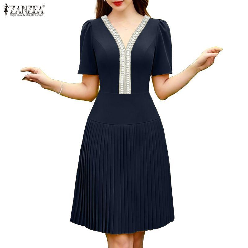 ZANZEA Women Splice V-Neck Summer Casual Short Sleeve Dress