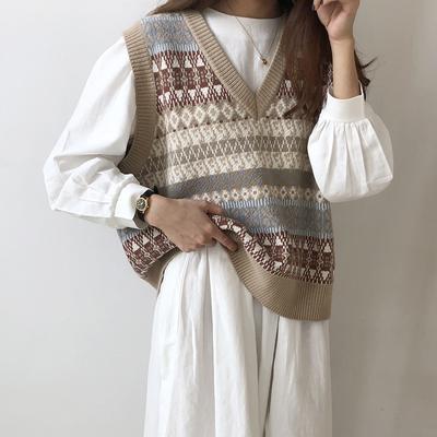 New Autumn Sweater Vest Women Vintage Knitted Chic Pullover Harajuku Korean Jacquard V-Neck Loose Sleeveless Jumpers