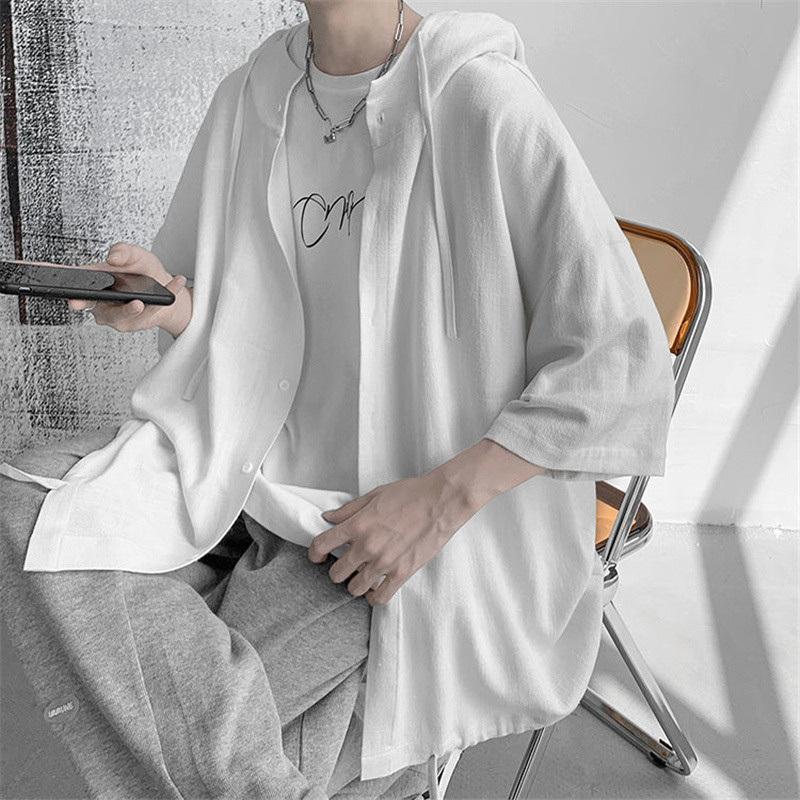 Camicia Oversize Vintage Stile Giapponese Estiva Uomo Casual Larga con Cappuccio Blusa All-Match Moda Streetwear Abbigliamento