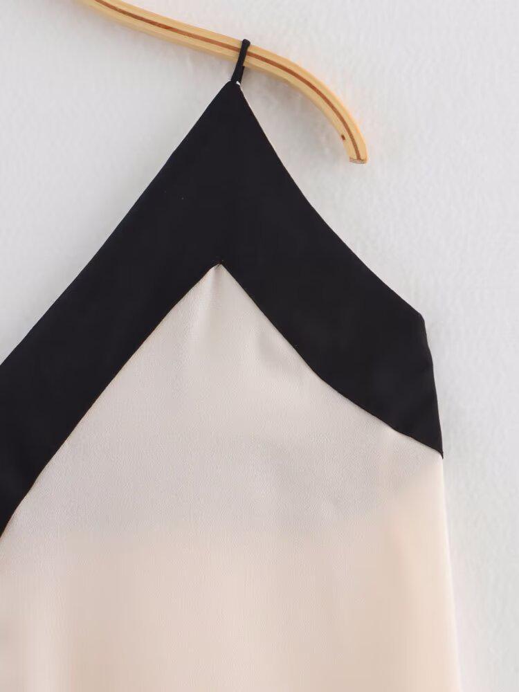 Spring 2025 Women's European & American Style Color Block V-Neck Spaghetti Strap Dress
