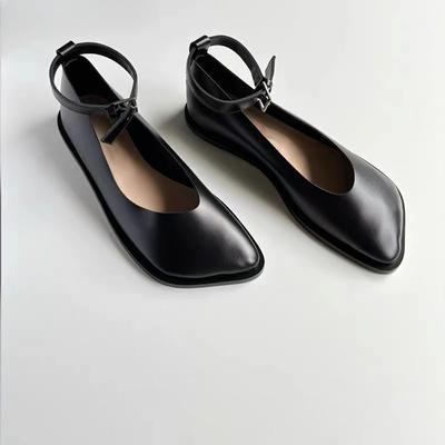 Šikmá špička mělká Dámské Boty Plochá podešev Černá Potah Pata Pásek Kotník Mary Jane Design z pravé kůže