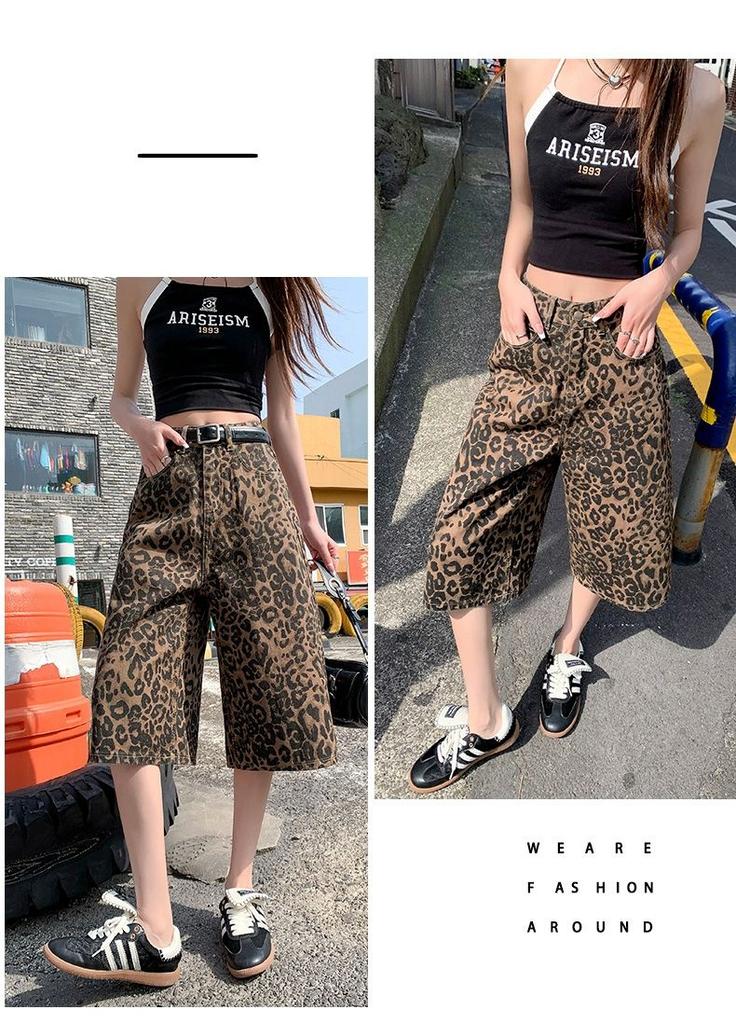 Gedijie leopard print wide leg denim shorts, women's high waisted versatile casual loose straight leg pants