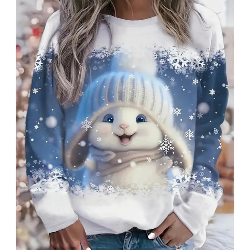 

2025 Осень и Зима Женский Новый Повседневный Топ с Круглым Вырезом и Длинным Рукавом с 3D-Принтом Снеговика L белый