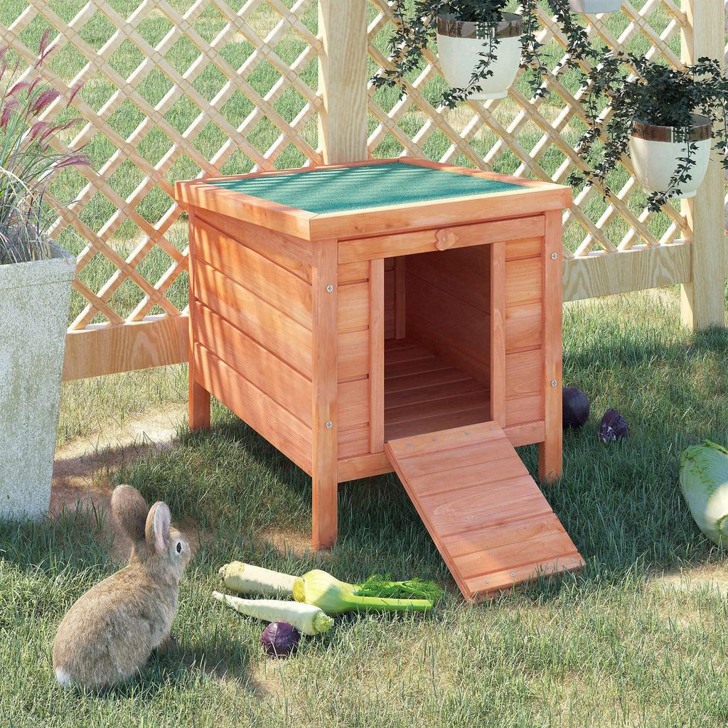 Outdoor Wooden Rabbit Cage with Asphalt Roof and Non-Slip Ramp, 42x51x43cm, Red Orange