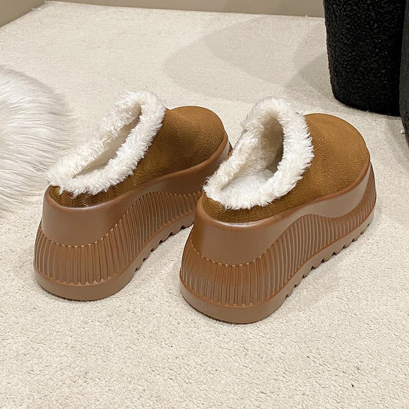 Women Platform Fur Slippers Suede Mules Shoes Winter  Trend Casual Snow Boots Short Plush Warm Cotton Shoes 10CM High Heels
