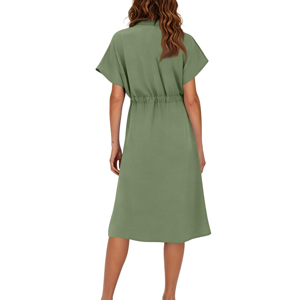 Women's Casual Button Down Shirt Dress with Waist Tie and Short Sleeves Midi Length Relaxed Fit Lightweight Fabric
