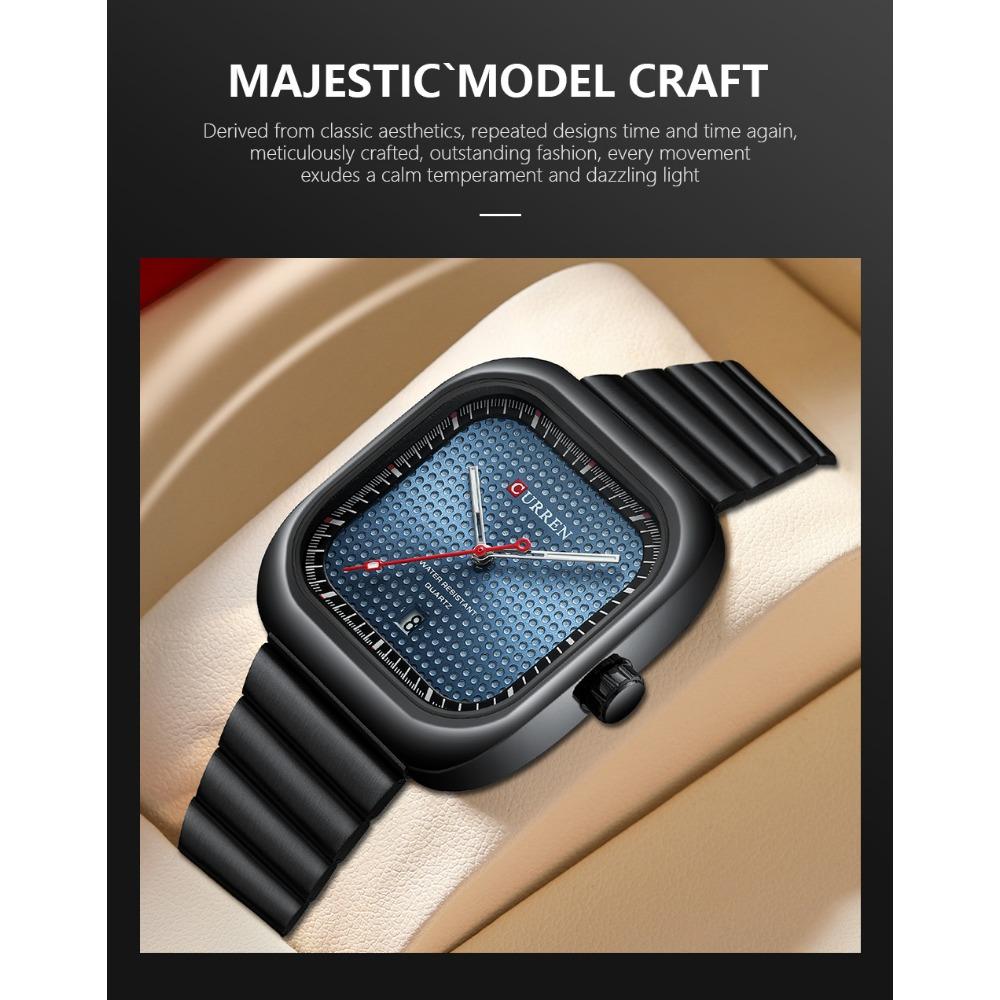 CURREN Simple Business Square Quartz Watches Casual Stainless Steel Bracelet Wristwatch with Auto Date for Men