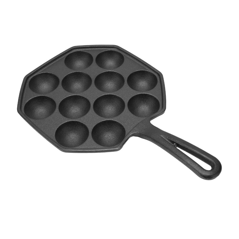 Cast Iron Egg Puff Frying Pan Non-Stick Even Heat Distribution Takoyaki Pan Heat-Resistant Handle 12 Hole Octopus Meatball Grill