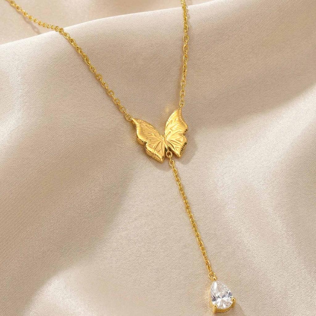 Vnox Minimalist Butterfly Teardrop Zirconia Y-shaped Necklace for Women Trendy Gold Plated Crystal Necklace Popular Jewlery
