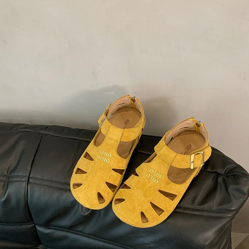 

2025 ONG натуральная кожа сандалии римские плоские с вырезом универсальные повседневные сандалии в клетку на среднем каблуке с круглым носком летние женские сандалии Faion 39 жёлтый