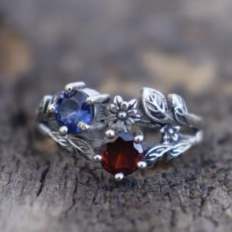 New Simple and Fashionable Red and Blue Zircon Ring, Small Flower Shape Leaf Women's Jewelry