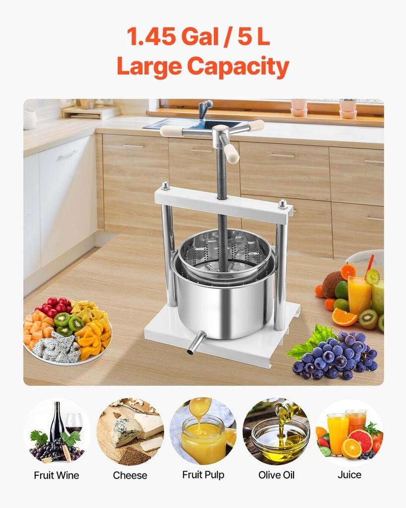 Fruit Wine Press Manual Press for Wine Making 1.45 Gal/5L Stainless Steel