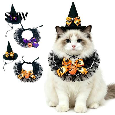 Halloween Costume for Small Pets 1 Set Cat Costume, Wizard Hat And Lace Bandana, Ruffled Bib Dog with Bow Bell, Holiday Party Outfit Dogs, Cats