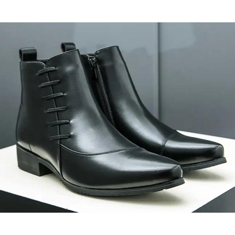 

Large Size Men s High Top Side Zipper Color Matching Leather Shoes Fashion Pointed Knight Boots 38 чёрный