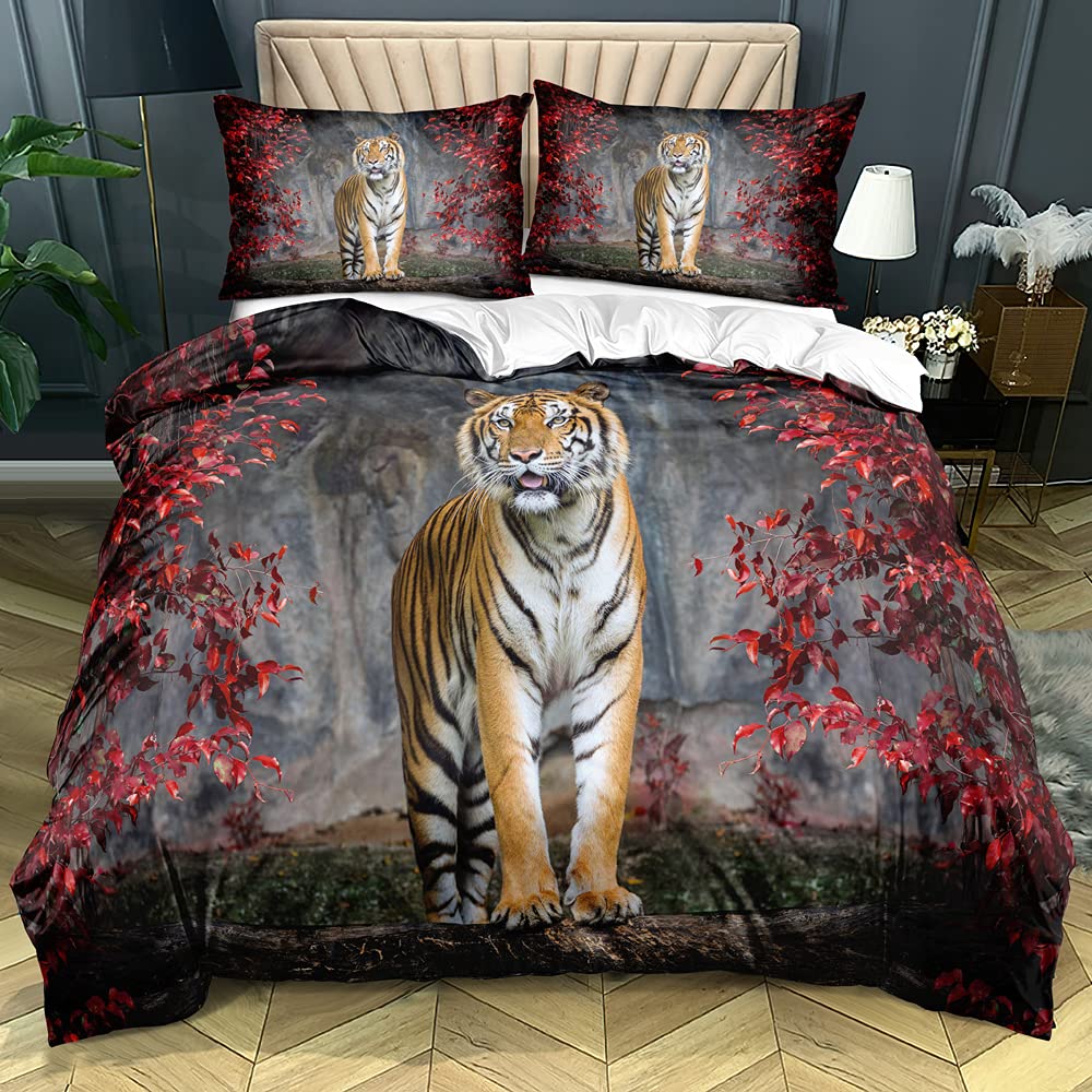Tiger Duvet Cover Set King Size 3D White Tiger Bedding Sets Wild Animals Pattern Comforter Cover Set For Boys Girls Quilt Cover