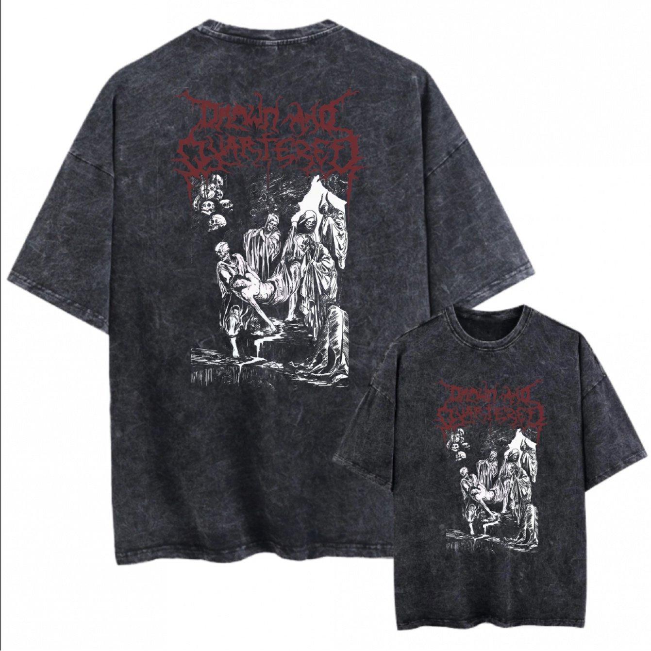 Unisex Retro Washed Loose Black Short Sleeved Tshirt Death Metal Skull and Mountain Unisexs Retro Solid Color Tshirt M