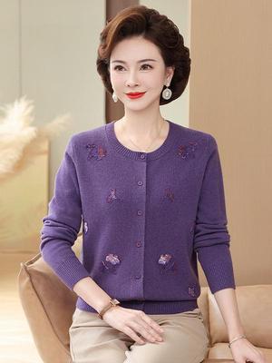 Women's Autumn & Winter Embroidered Pure Wool Knit Cardigan - Fashionable Loose Sweater for the Middle-Aged and Elderly Mothers
