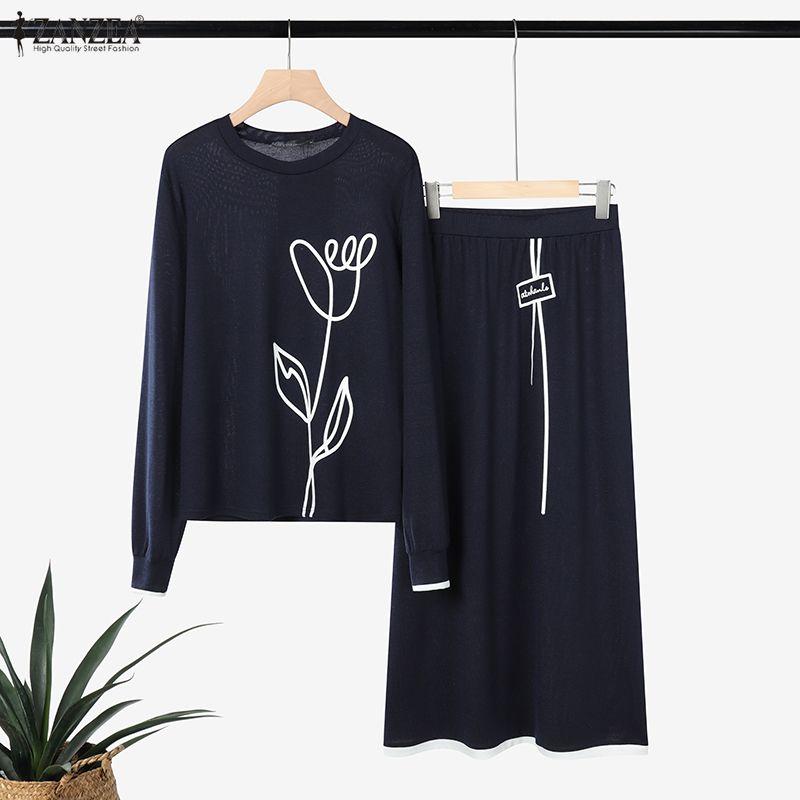 ZANZEA Bluzka z długim rękawem i spodnie damskie, casualowe dwuczęściowe zestawy garniturowe