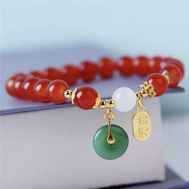 

Handmade Good Luck Wealth Elastic Beaded Bracelet Imitation Jade Ping An Buckle Lucky Amulet Prayer Bracelets For Women Men Gift