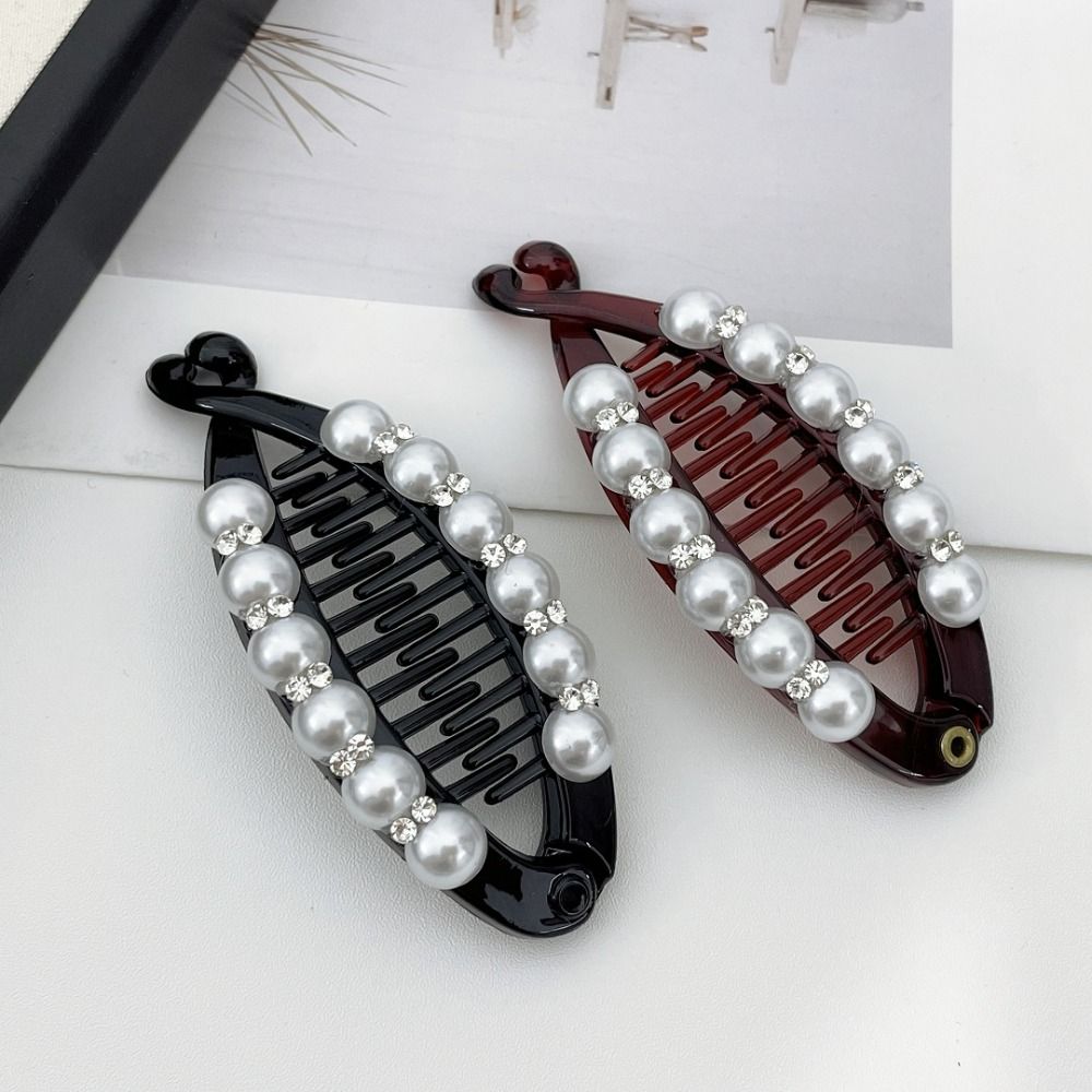 Korean Style Pearl Banana Clip Ponytail Holder Rhinestone Hair Clip Plastic Vertical Clip Women