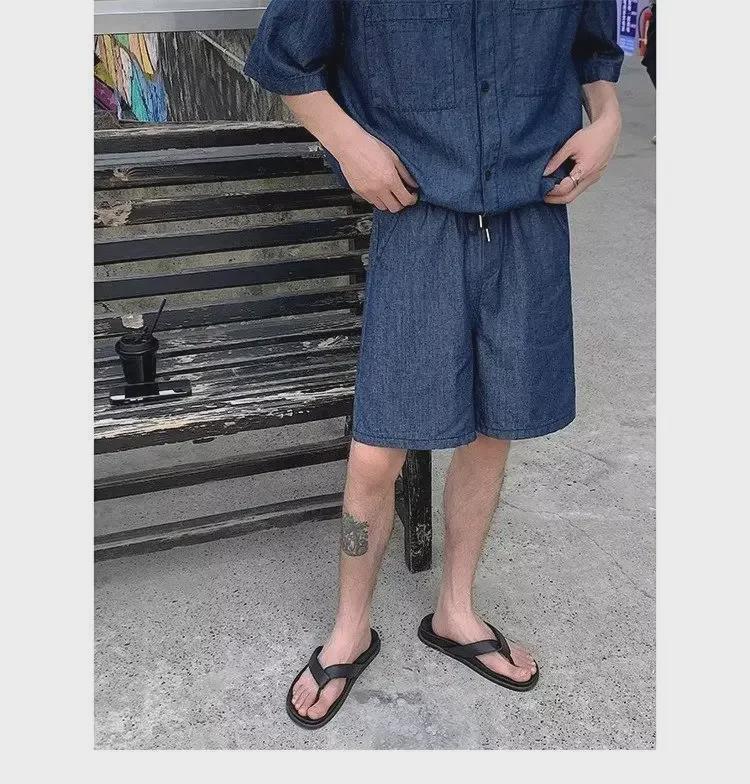 2023 Summer Men's Wash Denim Two-Piece Suit: Short-Sleeved Shirt & Half Pants Casual Set