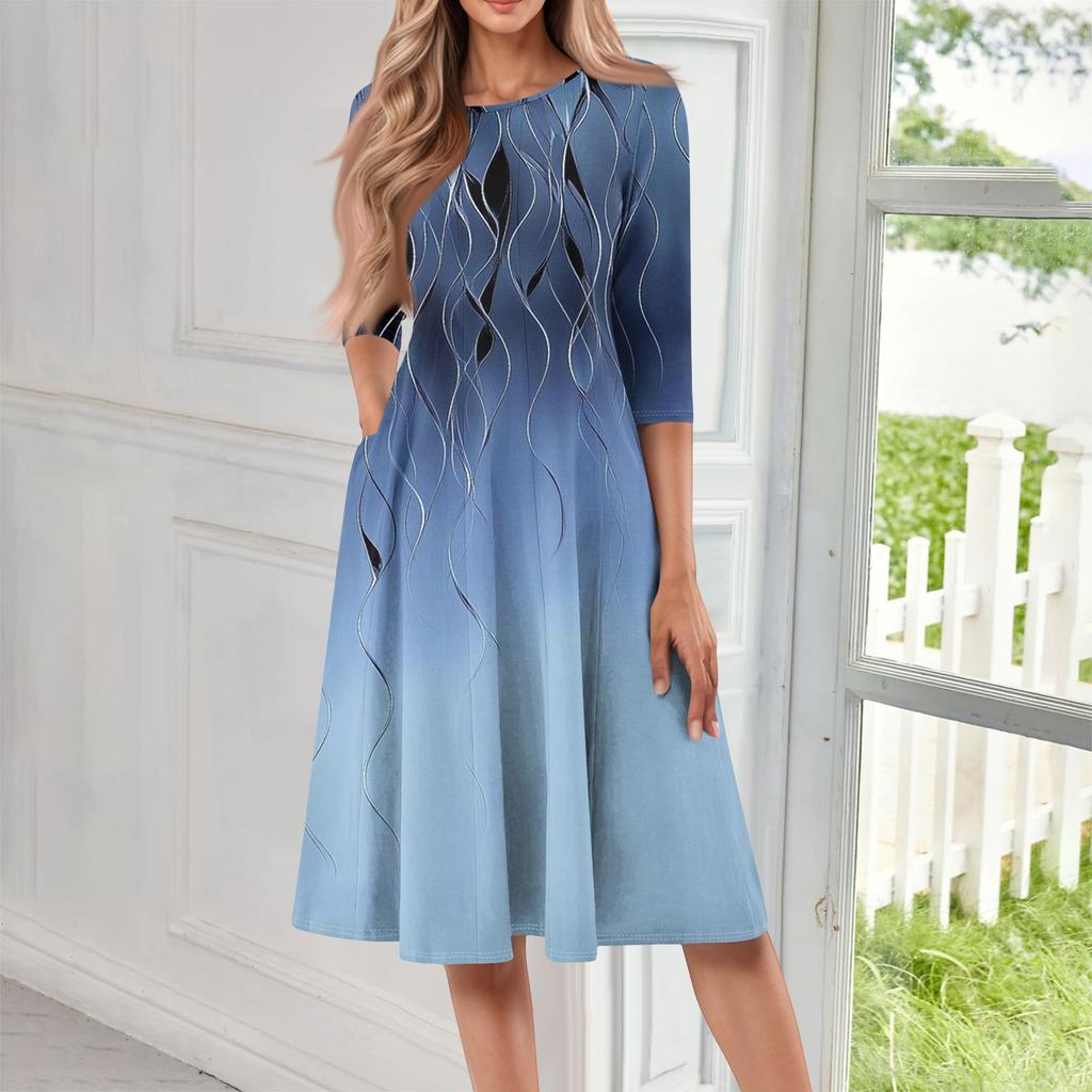 Women's Casual Fashion Round Neck Three Quarter Sleeve Print Midi Dress