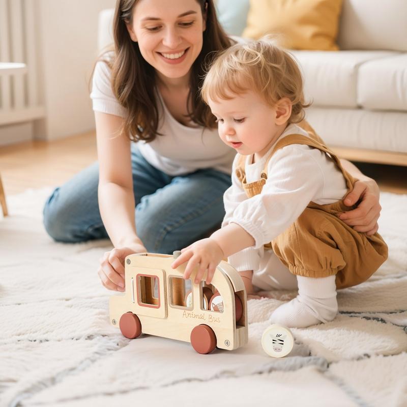 1PC Wooden Bus Toy Montessori Hand-pushed Car Baby Hand-eye Coordination Exercise Toys Parent-child Interactive Games Baby Gifts