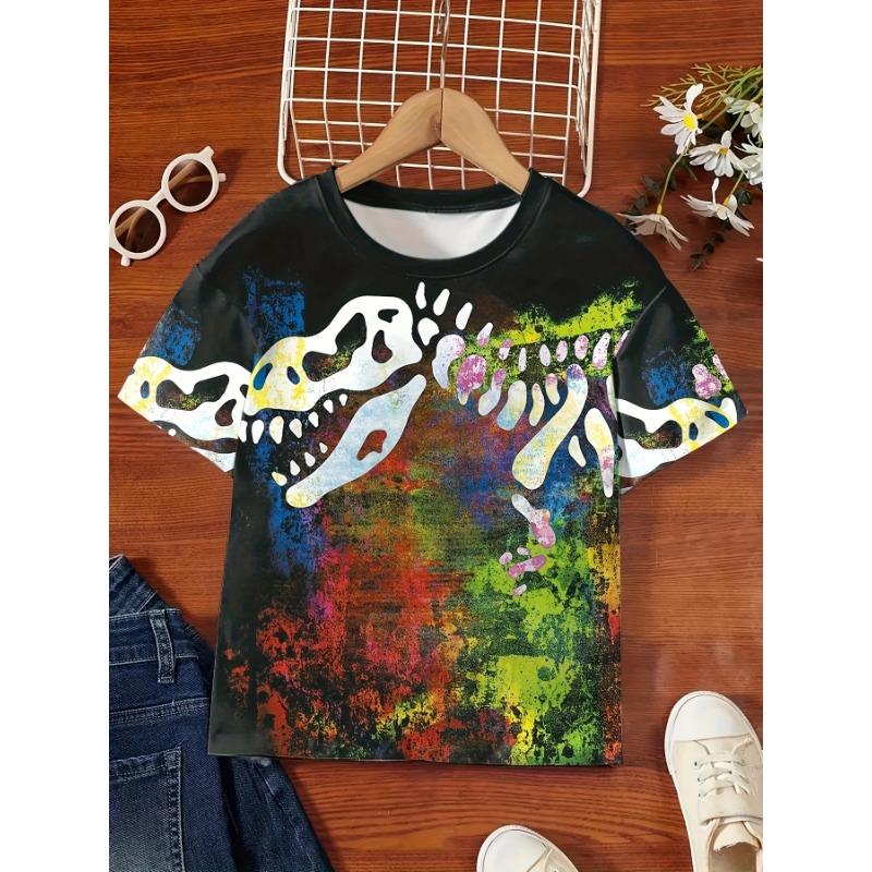 Sommar Rundhals 3D Dinosaurie Tryckt Topp Trendig Casual Kortärmad Barn Pojk T-shirts