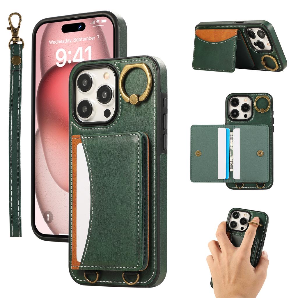For iPhone 14 Pro Max PU Leather Back Case Card Holder Kickstand Phone Cover with Wrist Strap