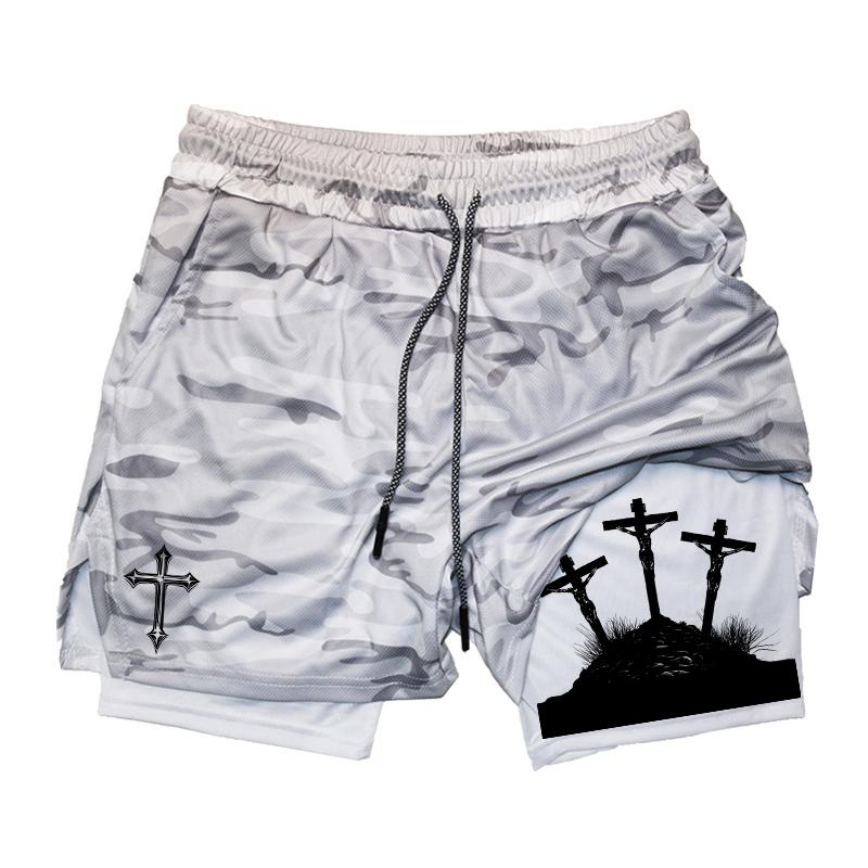 MDHAO xin nan zhuang  3D txu Kruisprint 2-in-1 Trainings- en Hardloopshorts voor Mannen Christelijk Atletisch Ademende Prestatieshorts met Telefoonvakje Handdoeklus XXXL