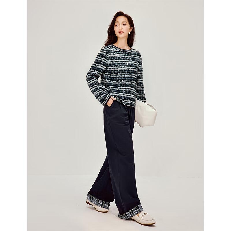 INMAN Women's Retro Color-Block Striped Long Sleeve Sweater