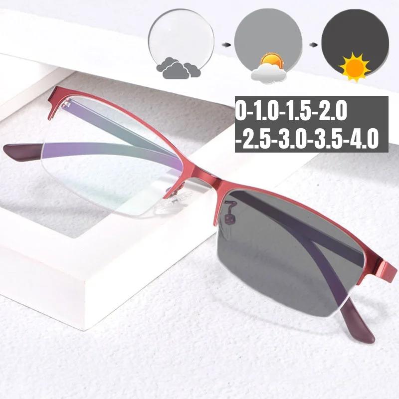 Business Style Pochromic Glasses for Men Women Smart Color Changing Minus Diopter Glasses Half Frame Clear Myopia Eyewear
