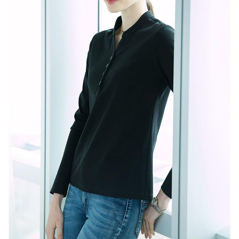 Spring Solid Color Stand Collar T-shirt Ladies Loose Casual Long Sleeve All-match Pullover Top Women's Fashion Cotton Tee