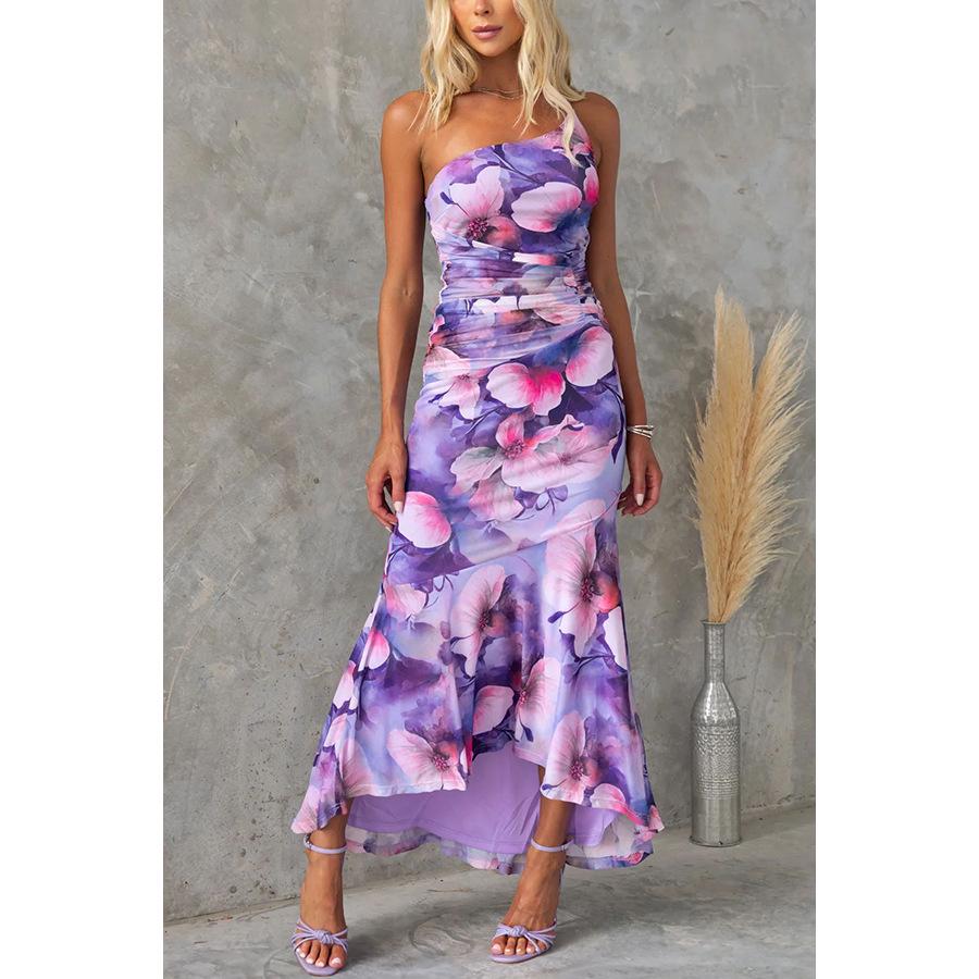 2025 Women's One-Shoulder Elastic Print Dress - European & American Spring/Summer Collection