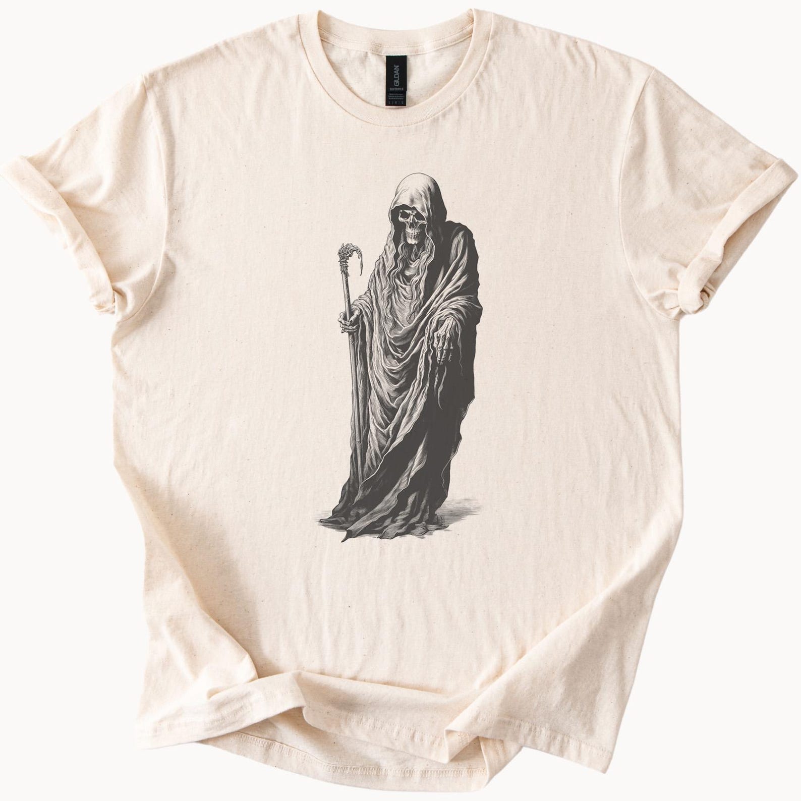 Grim Reaper Skeleton Cloak Graphic T Shirt Death Dark Fantasy Art Grim Hooded Skeleton Tee Cool Gothic Skeleton Shirt for Men 130
