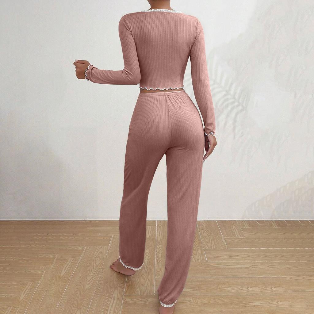 Women's Home Clothes Pajamas Long Sleeved Pants Loose And Comfortable Sexy Lace Two-piece Set