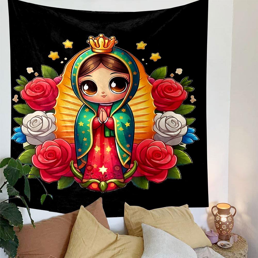 Cute Virgin Mary with Roses Artwork Patterned Tapestry Decorative Wall Hanging, Home Bedroom Living Room Decor