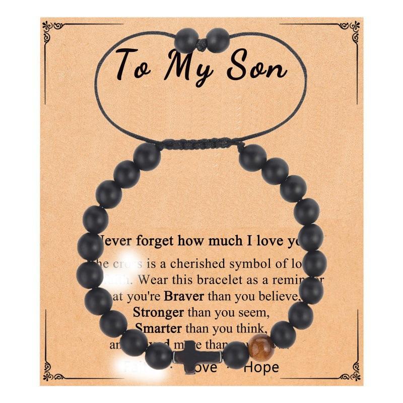 Father's Day Gift Bracelet Black Cross Pendant Black Rope Braided Adjustable 8mm Black Frosted Cross Bracelet