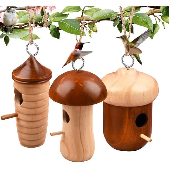 3 Pack Wooden Hummingbird House for Outside Hanging Humming Bird Nest Garden Gifts Window Decoration for Nature Lovers